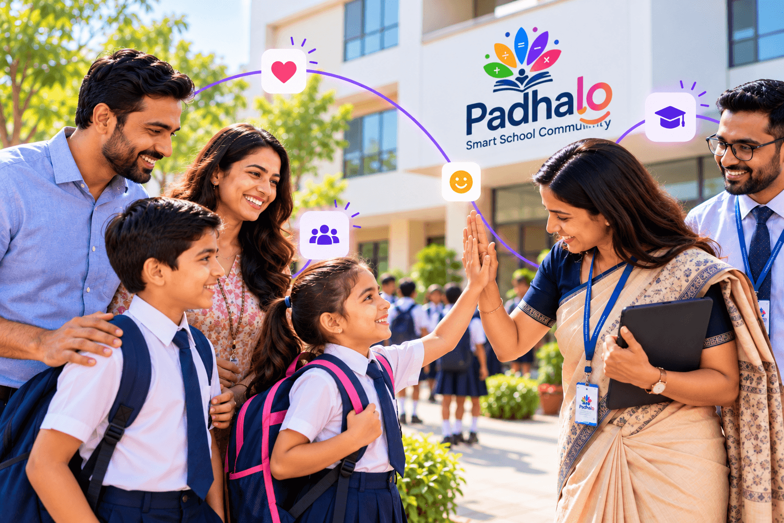 Happy students, parents and teachers of the Padhalo school community